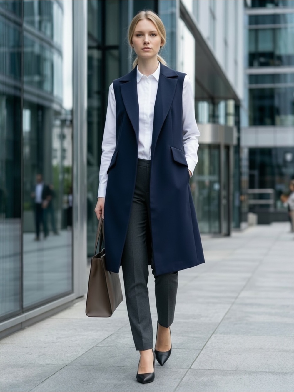 Ellen Tracy Navy Long Structured Vest Size 8 Open Front Sleeveless Coat Lined
